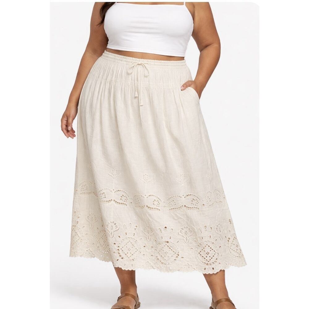 Future Collective Plus Size 3X Eyelet Cream Maxi Skirt Smocked Waist Tie Boho